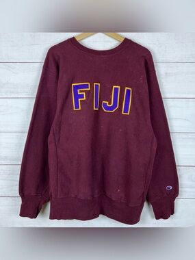 Vintage 80s Champion FIJI Reverse Weave Maroon Crewneck Pullover Sweatshirt XL
